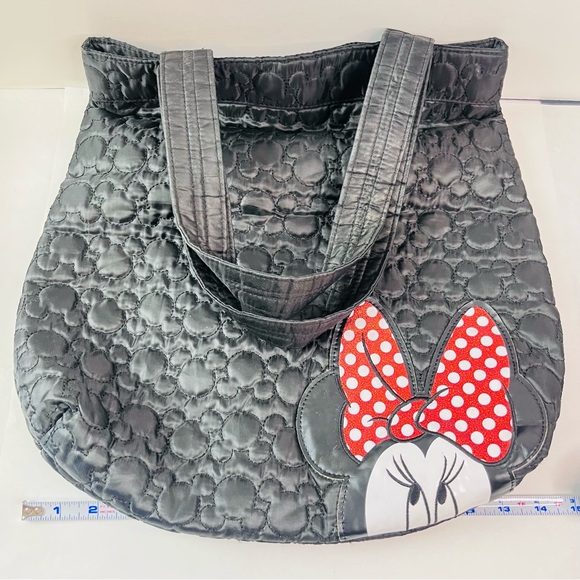 Disney Minnie Mouse Black Quilted Mickey Snap Tote Handbag Purse Handles Zip - Picture 2 of 11